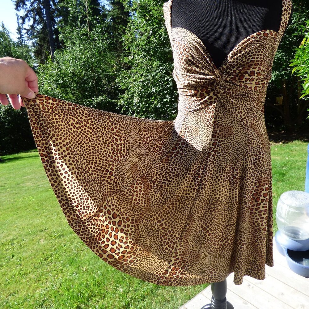 GOTH BOHO SEXY BROWN MULTI LEOPARD NORMA KAMALI SKATER FIT & FLARE MINI DRESS XL